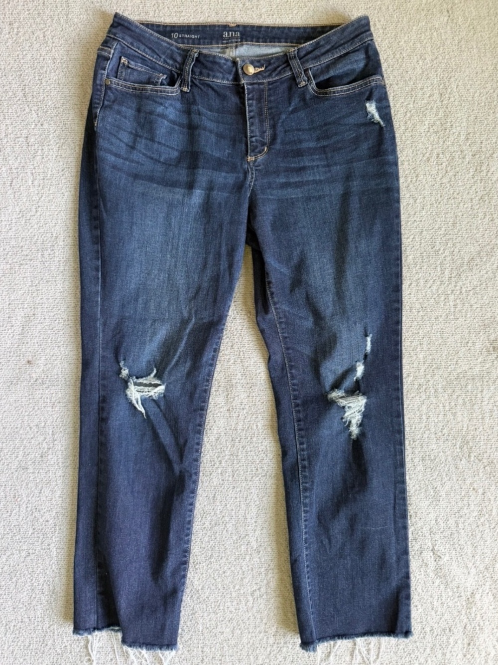 Women's a.n.a. Jeans Size 10 Straight Leg Dark Wash Distressed Knees Frayed Hem